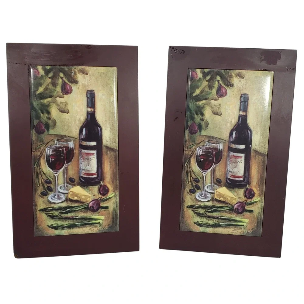 Vintage Wine and Cheese Wall Art Plaques Trivets Set of 2 Burgundy Kitchen Decor